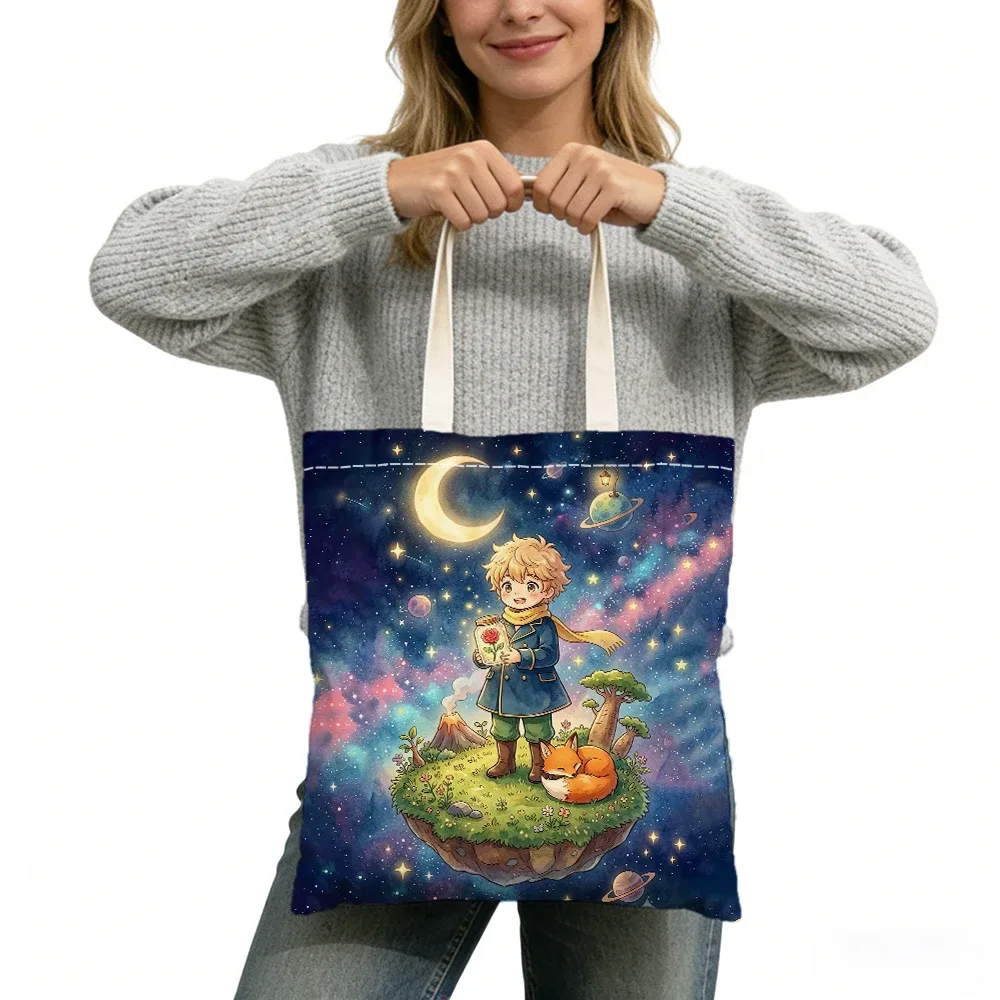 sac fourre-tout imprimé double face sans fermeture éclair, star boy cute fox cosmic rose, 40x45 cm, sac à bandoulière pour usage quotidien, shopping, apprentissage, extérieur