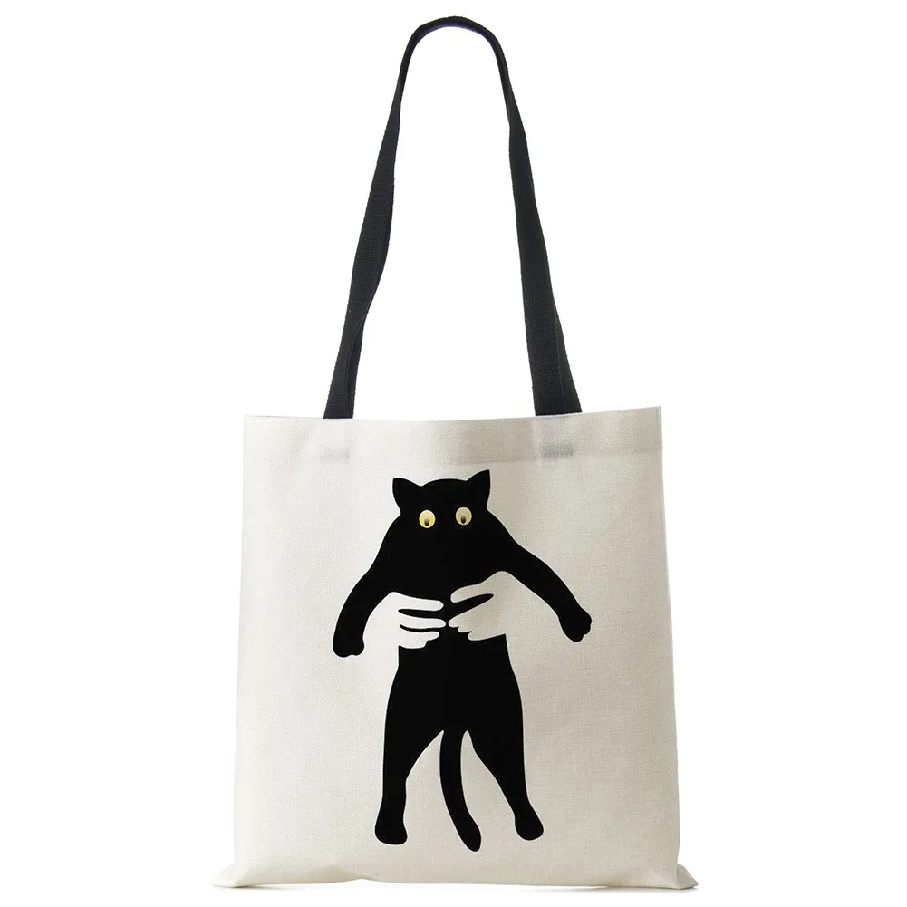 sacs fourre-tout de styliste pour femmes, sac à main écologique en tissu de lin imprimé chat noir sumi, sac à bandoulière réutilisable pour le bureau et le shopping