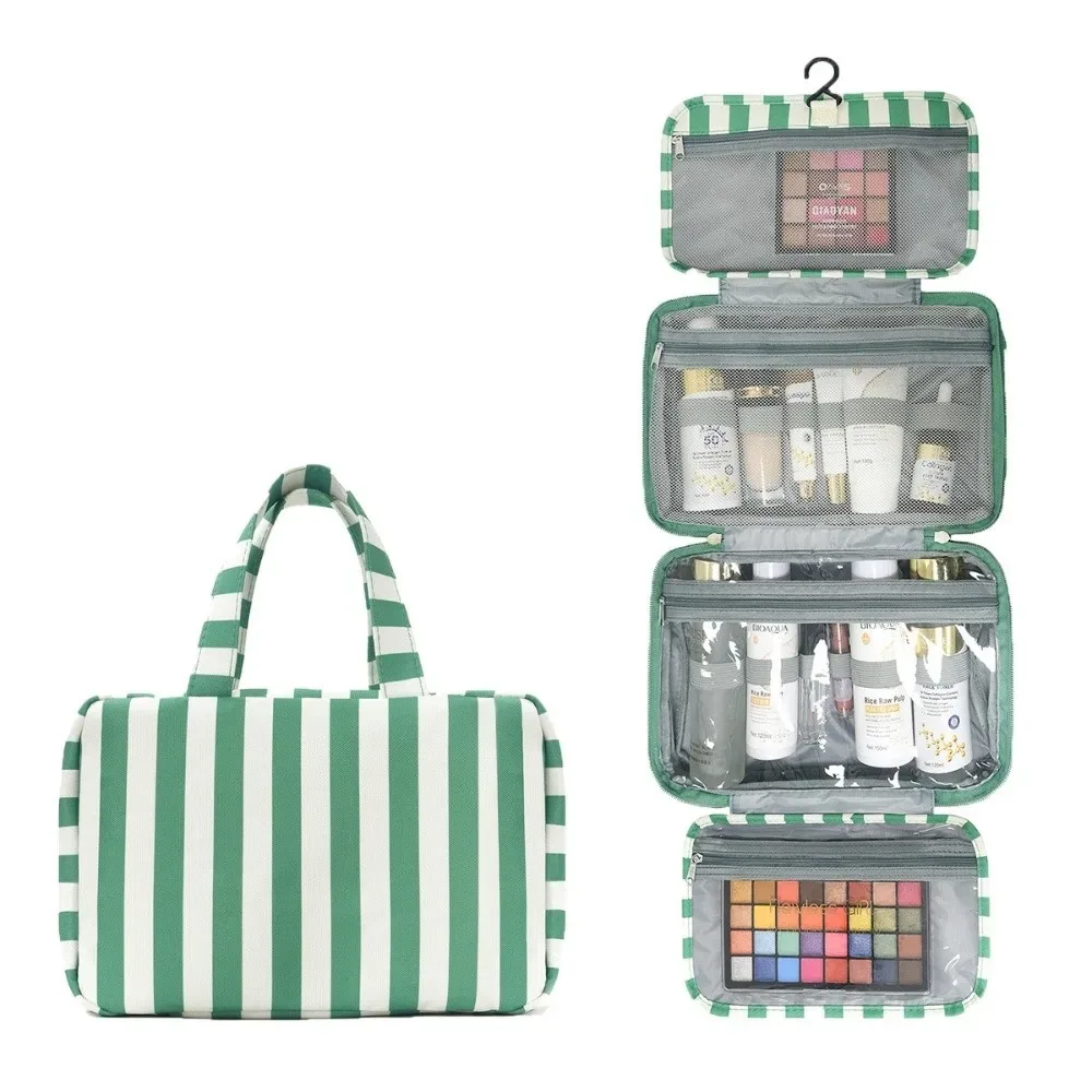 sac de toilette de voyage portable à suspendre, organisateur de cosmétiques à 4 compartiments rayés avec crochet, sac de cosmétiques de grande capacité pour voyage