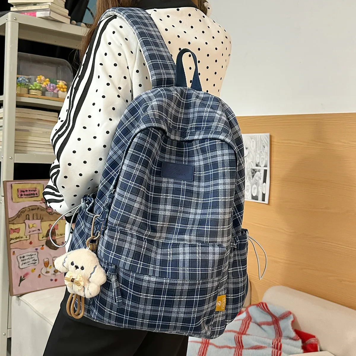 Sac à dos rétro britannique à carreaux grande capacité pour filles, lycéennes, étudiantes, sac à bandoulière en nylon pour femmes