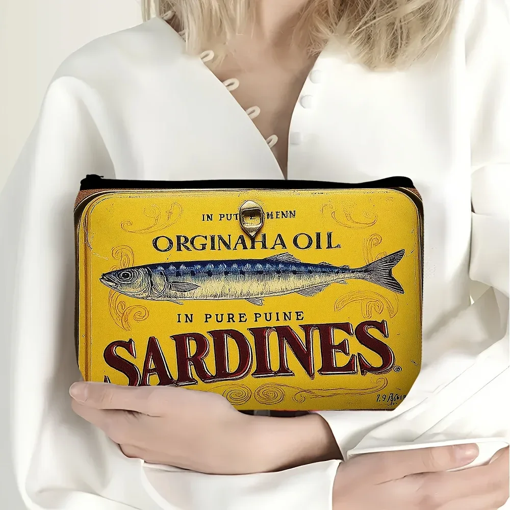 pochette de maquillage vintage au design d'étiquette de sardine, motif rétro boîte de conserve de sardine, fermeture éclair, grande capacité, organiseur adapté aux sardines