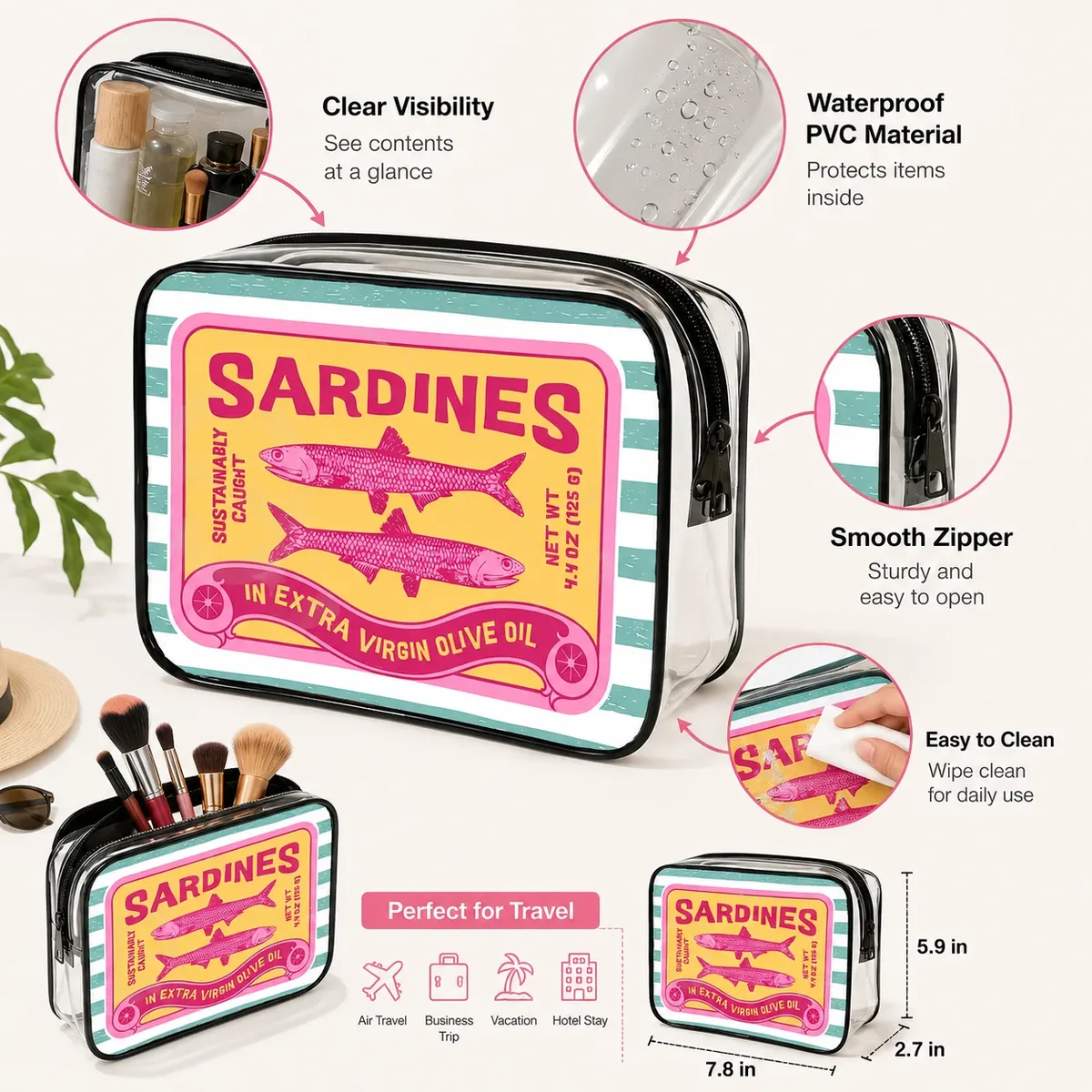 sac cosmétique transparent en pvc, trousse de toilette imperméable, imprimé sardines, organisateur de maquillage de voyage, pochette cosmétique, sac de rangement pour produits de beauté pour femmes