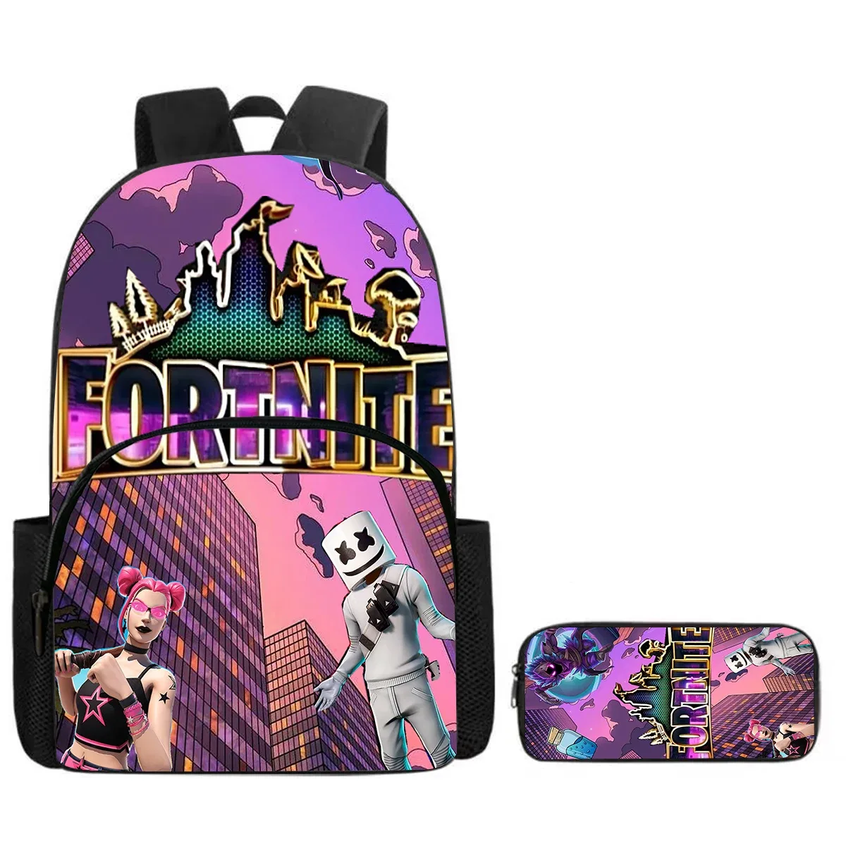 sac à dos de dessin animé fortnite avec poche avant et trousse à crayons 2 pièces - ensemble scolaire pour garçons et filles de 5 à 8 ans, cadeau de rentrée scolaire