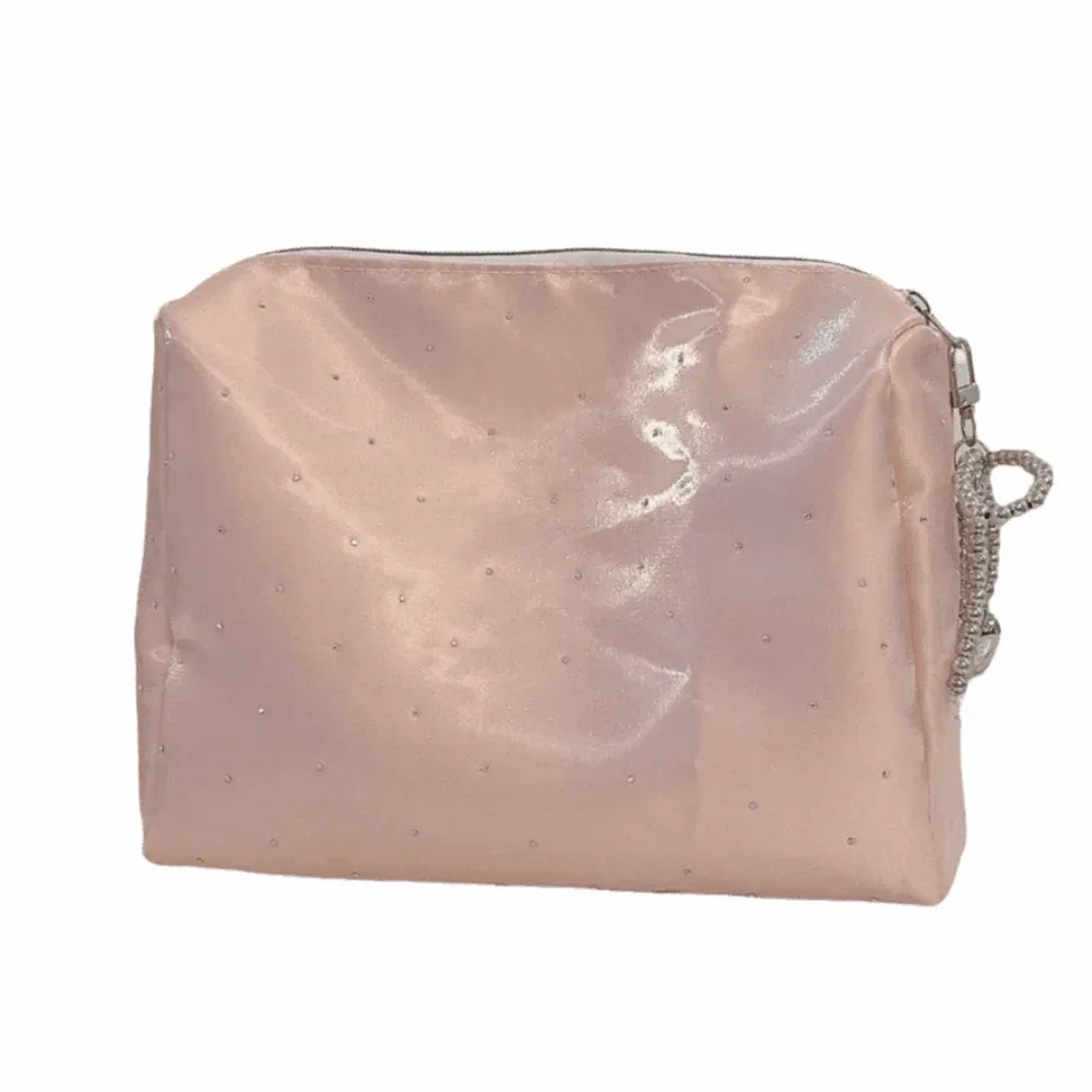pochette de maquillage simple et luxueuse à paillettes, sac de rangement portable à fermeture éclair, sac à main perlé avec nœud et strass pour femme