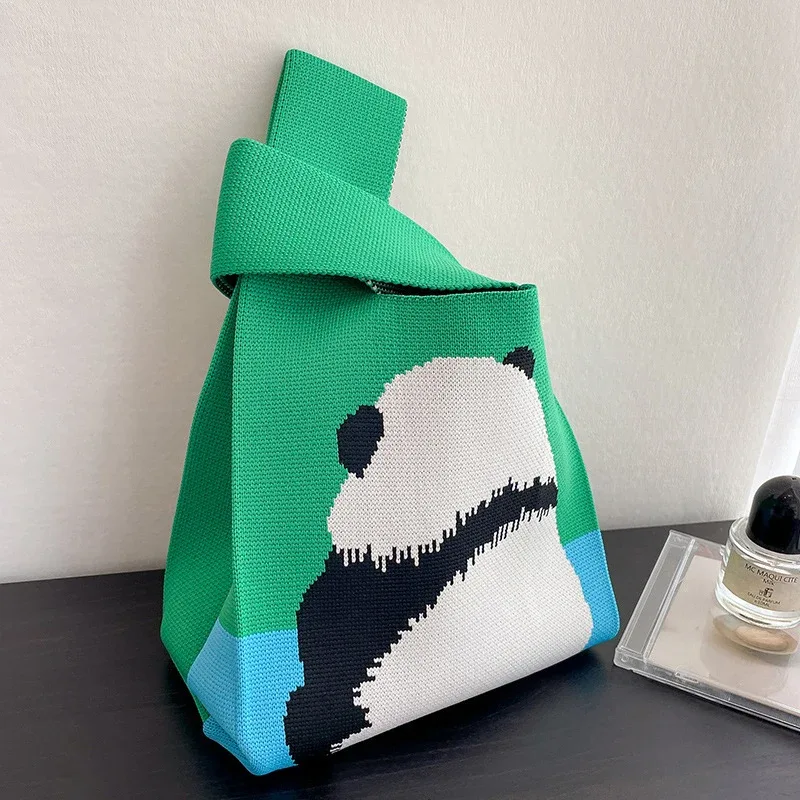 sac à main en tricot fait à la main pour femme, mini sac de poignet à nœud, sac fourre-tout à carreaux à large rayure, sacs à provisions réutilisables pour étudiants, document décontracté japonais