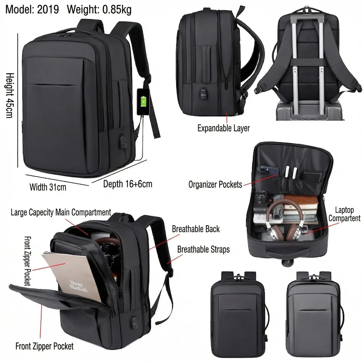 Sac à dos pour ordinateur portable d'affaires extensible grande capacité, multifonctionnel, antivol, avec port de charge USB pour hommes et femmes
