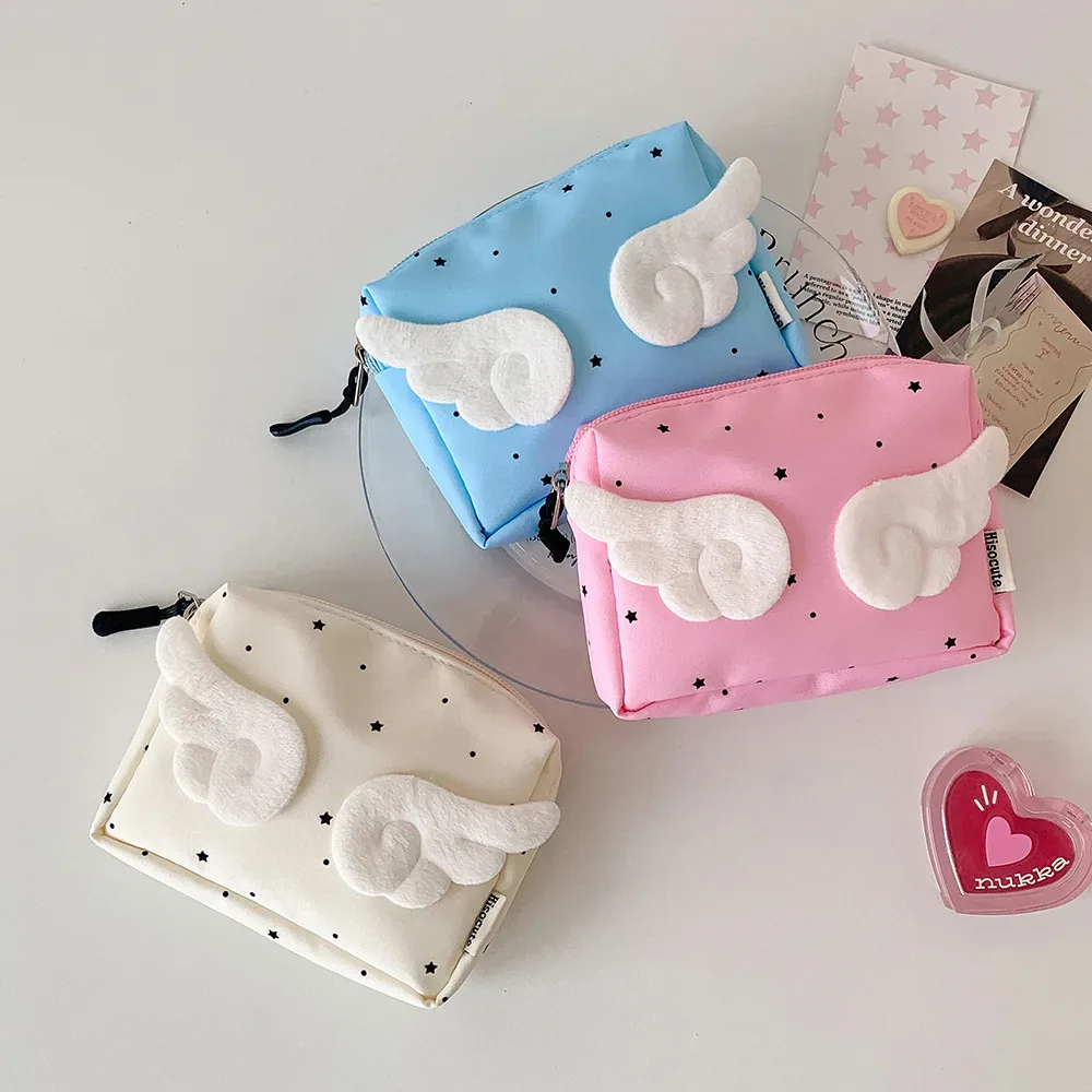 sac à main ailes pour femmes, petite trousse de maquillage, sac de rangement utile, pochette de papeterie, décor d'ange de dessin animé doux, mini sac de poche portable mignon