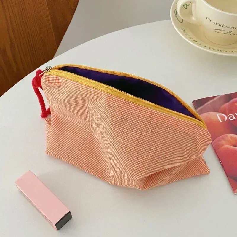 nouvelle trousse de maquillage à carreaux pour femme, grande capacité, en coton, avec fermeture éclair, pochette de voyage, sac cosmétique, nécessaire féminin