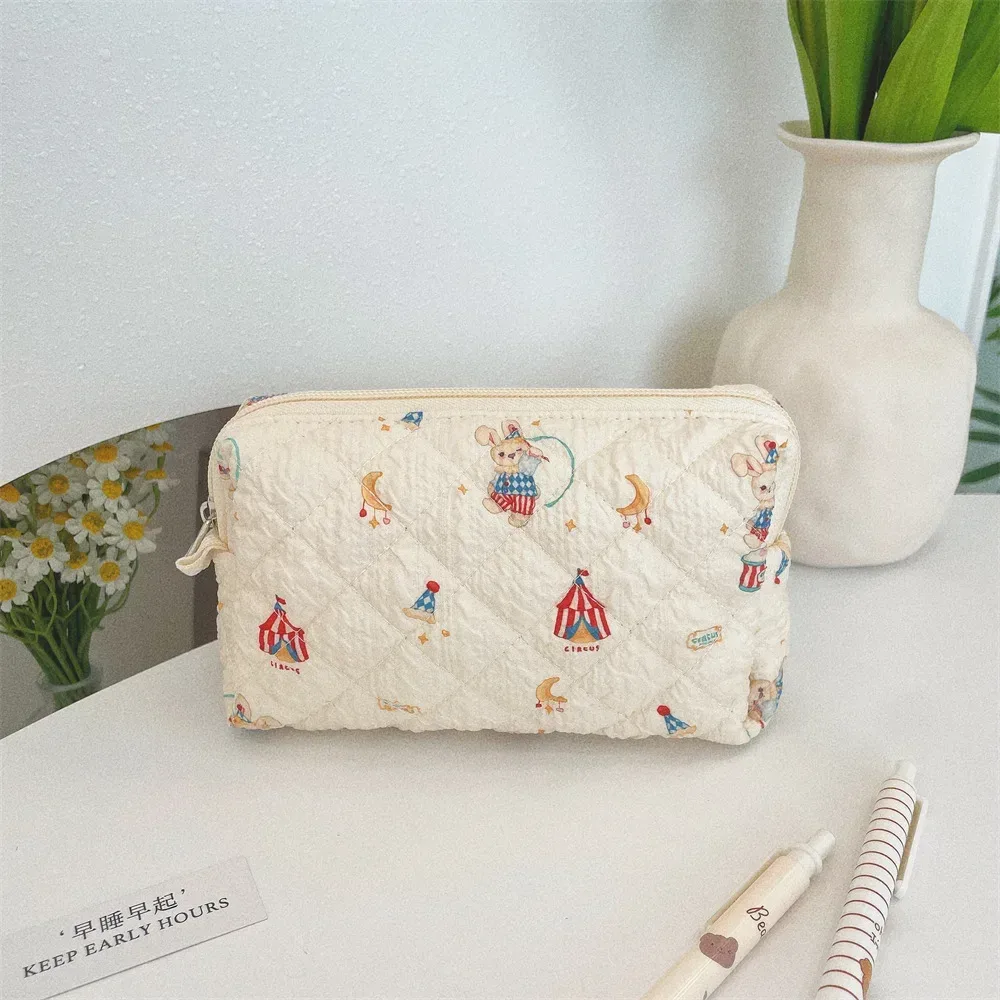 petit sac à cosmétiques pour femme, trousse de maquillage, sacs de rangement portables, pochette en coton pour femme, joli ours de dessin animé, fleur rose