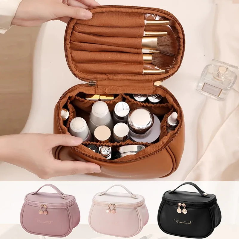 Sac de maquillage portable en PU, grande pochette cosmétique imperméable, avec poignées, sac de rangement multifonctionnel pour articles de toilette de voyage