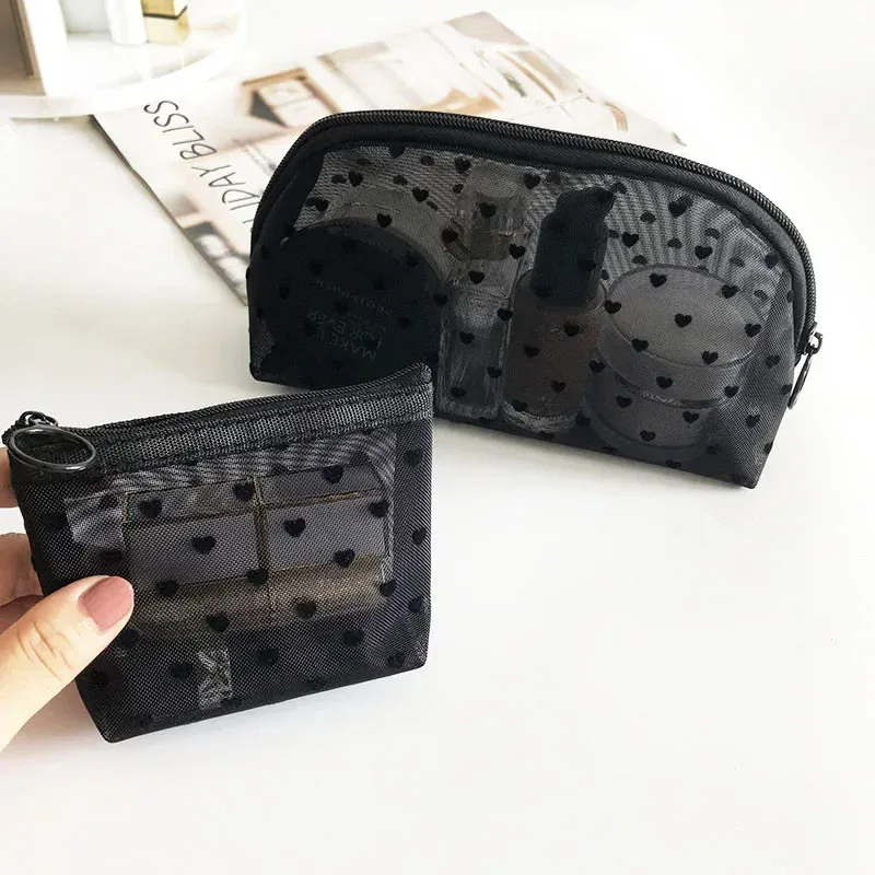 neceser noir coeur voyage sac cosmétique mode maille petit grand sac de toilette pochette de rangement de maquillage sac cosmétique à fermeture éclair transparente