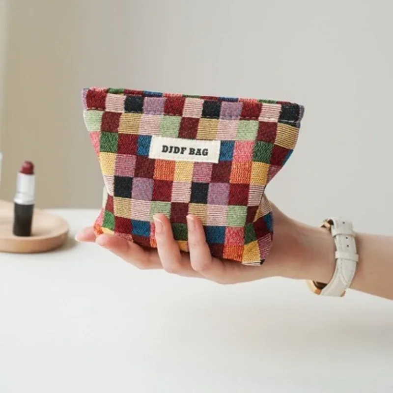 Petit sac à cosmétiques de voyage, sac de rangement, sac de doublure de rouge à lèvres, trousse de toilette Portable, sac à carreaux