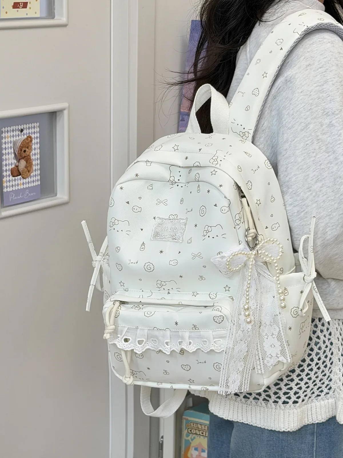 Sacs à dos en dentelle pour femmes, 2 tailles, avec pendentifs perlés, sacs d'école imprimés de dessins animés mignons, mini sac à dos de voyage pour dames