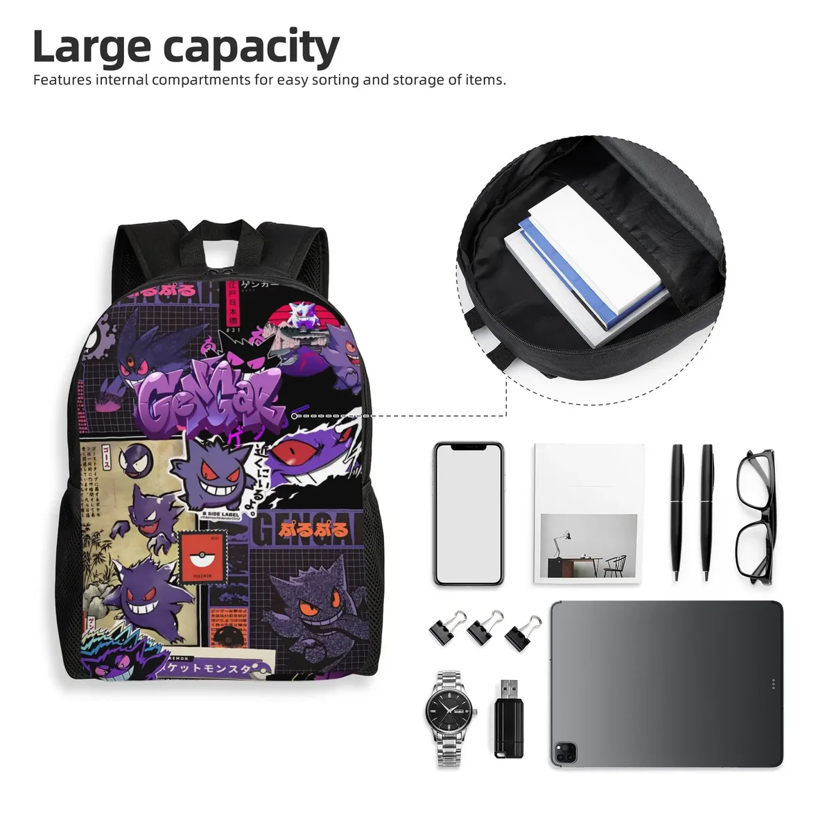sac à dos tendance pokemon gengar à texture craquelée, sac ita, mochila, sac à dos vintage rétro lavable pour voyage