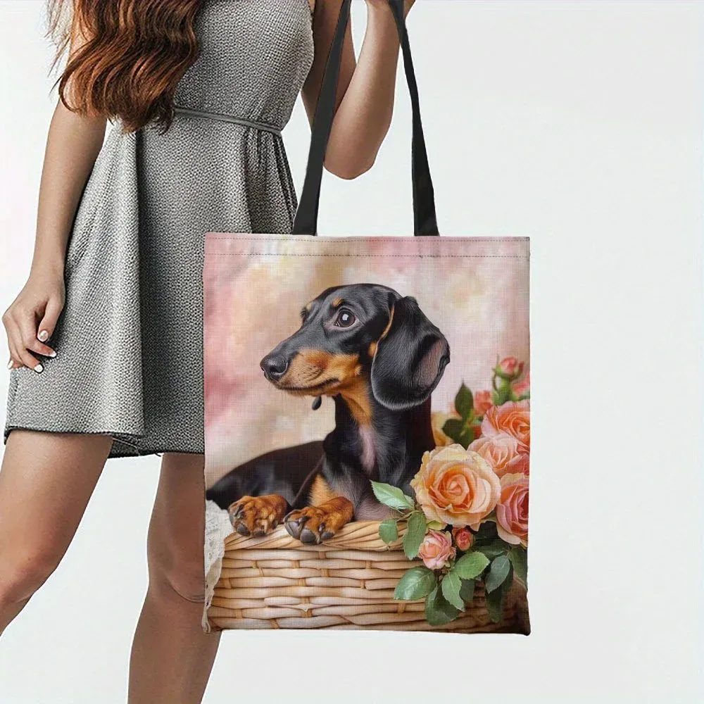 sac fourre-tout de grande capacité, motif floral avec visage de chien teckel mignon, sac d'épicerie rectangulaire spacieux pour femmes et hommes, 1 pièce