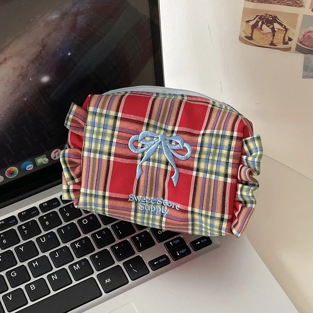 sac à main à carreaux avec nœud pour femmes, sac de rangement à volants doux, trousse de maquillage pour filles, trousse de toilette portable de voyage, pochette pour femme