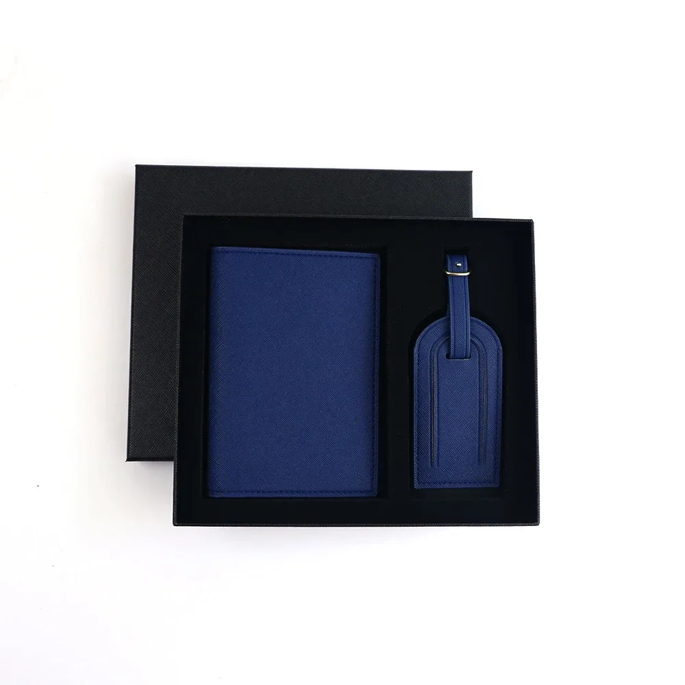 ensemble personnalisé avec nom, porte-passeport et étiquette de bagage en cuir pu safiano unisexe, coffret cadeau