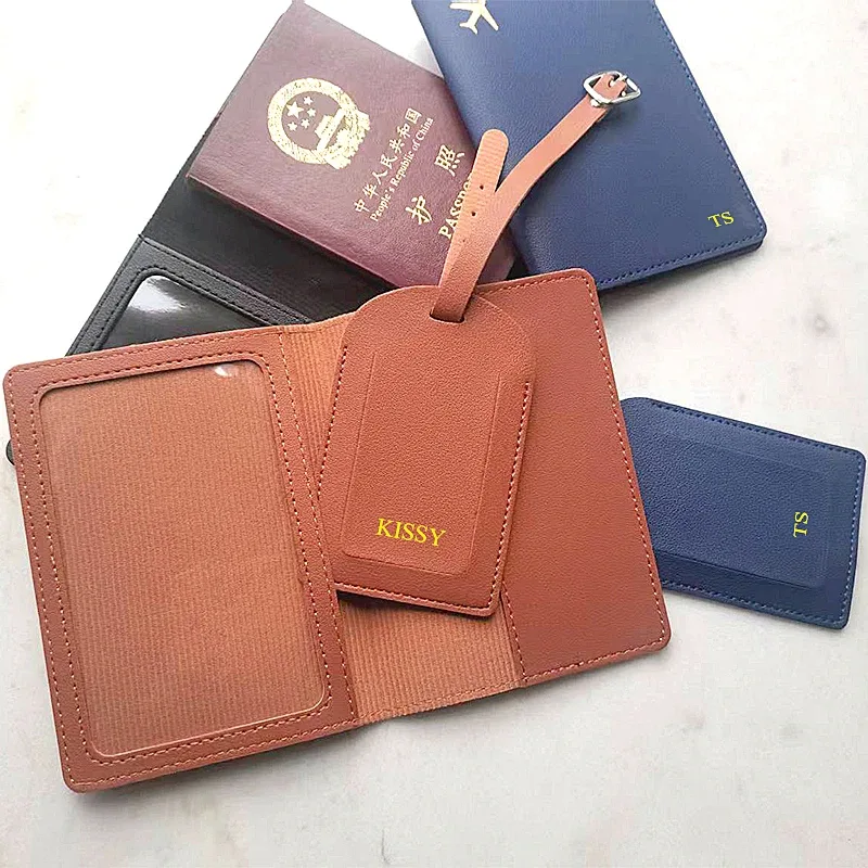 ensemble de porte-passeport de voyage avec nom personnalisé, étiquette de bagage en cuir gravée, vente en gros, pendentif d'étiquette de valise, couverture de passeport de luxe, cadeau
