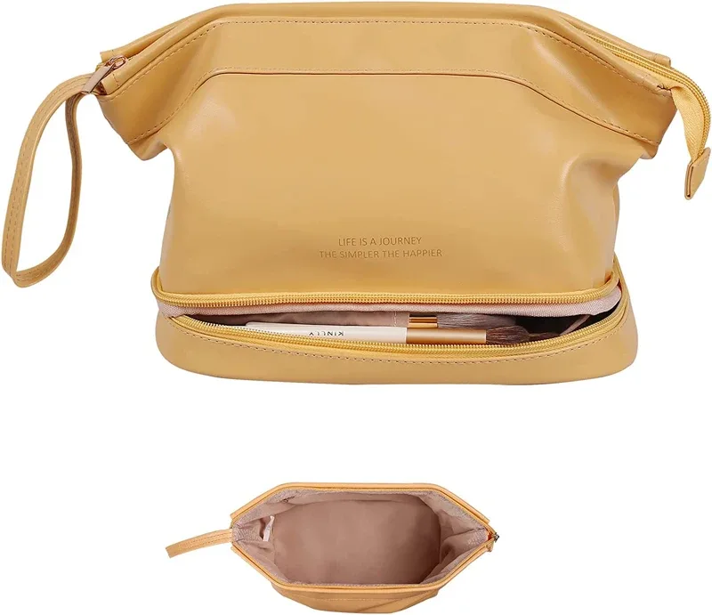 trousse de maquillage en cuir imperméable pour femmes et filles, grande trousse à cosmétiques double couche, trousse de toilette portable, trousse de rangement de maquillage, trousse de voyage