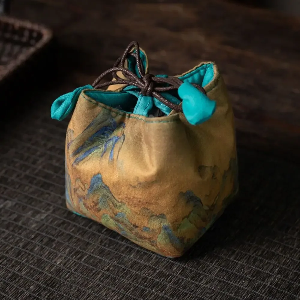 pochette en tissu à cordon de serrage pour tasse à thé de style chinois, sac de rangement portable imprimé pour service à thé, multifonctionnel, résistant à la casse