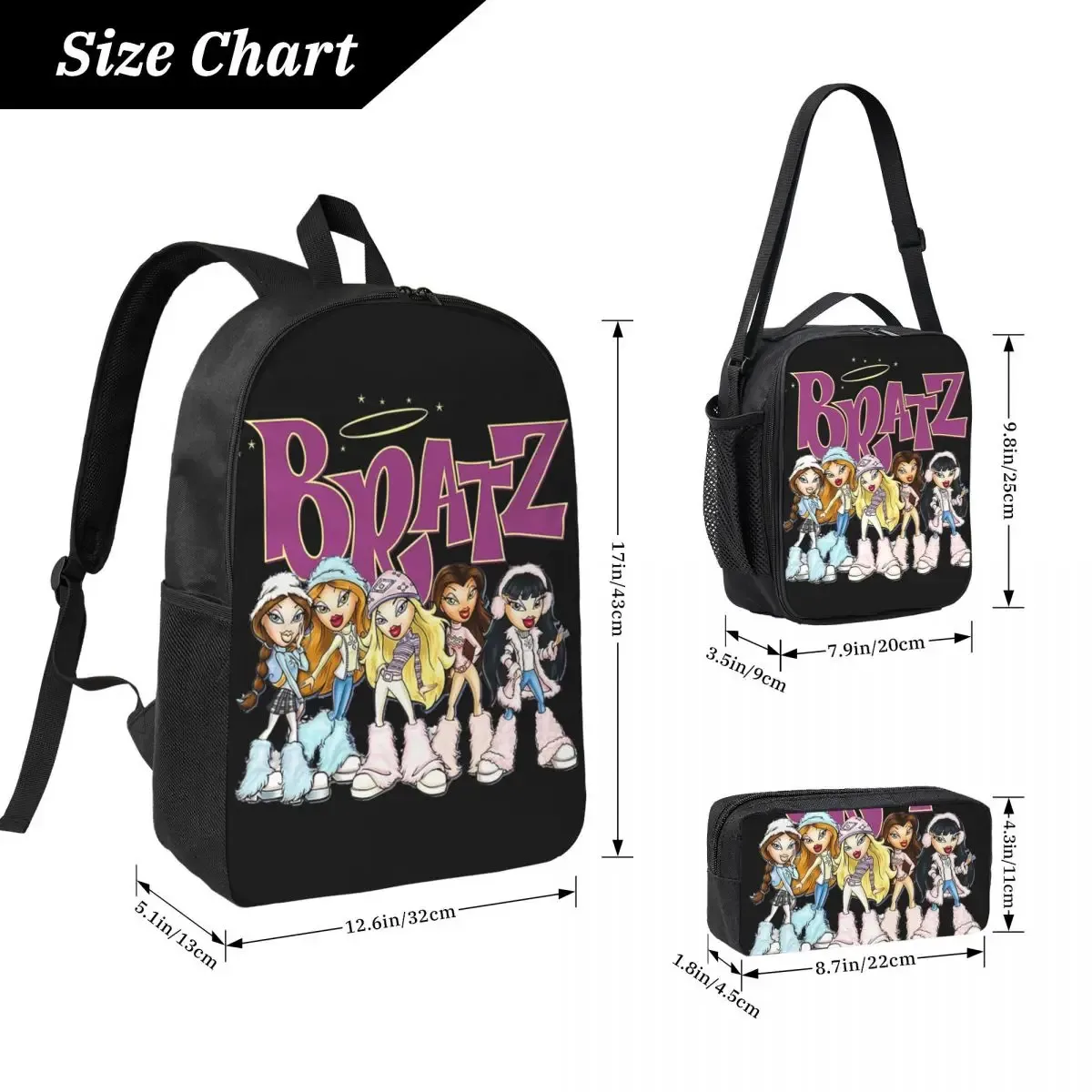 bratz rock angelz poupée sac à dos étudiant garçons filles bookbag sac d'école ordinateur sacs à bandoulière 3ps sac à déjeuner isolé trousse à crayons