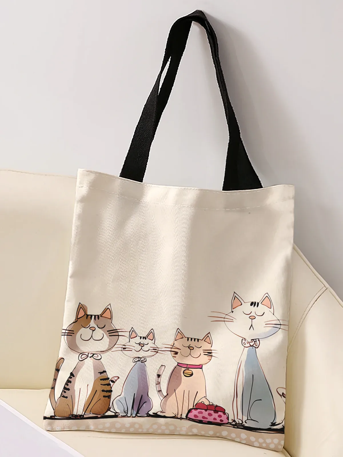 sac fourre-tout avec impression de chatons en dessin animé avec nœud papillon, sac à bandoulière de grande capacité pour le shopping, les voyages et l'usage quotidien