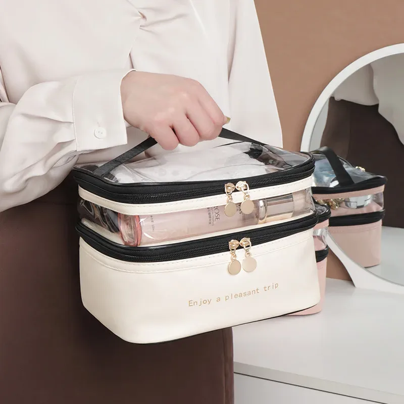 Nouveau sac de maquillage Double couche en PVC, trousse de toilette à main de grande capacité, sacs de toilette de voyage portables multifonctionnels en vente