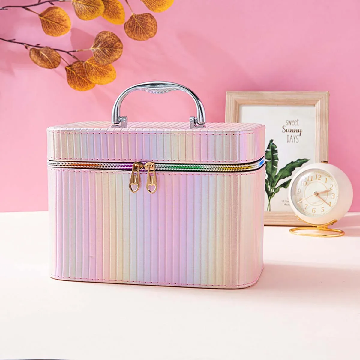 trousse de maquillage professionnelle, boîte de rangement de maquillage portable de grande capacité, mini sac de maquillage en pu portable, couleur vive