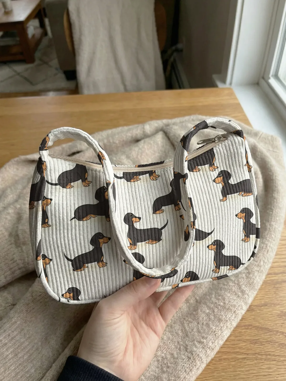 Sac à bandoulière tendance à imprimé Teckel, sac sous le bras en velours côtelé beige pour un usage quotidien décontracté