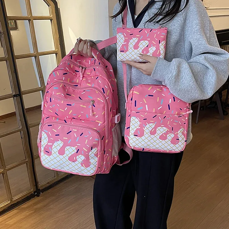Ensemble de 3 sacs à dos mignons imprimés de confettis de crème glacée, sac à dos scolaire rose Kawaii, sac bandoulière, porte-monnaie, sac à livres quotidien pour étudiant