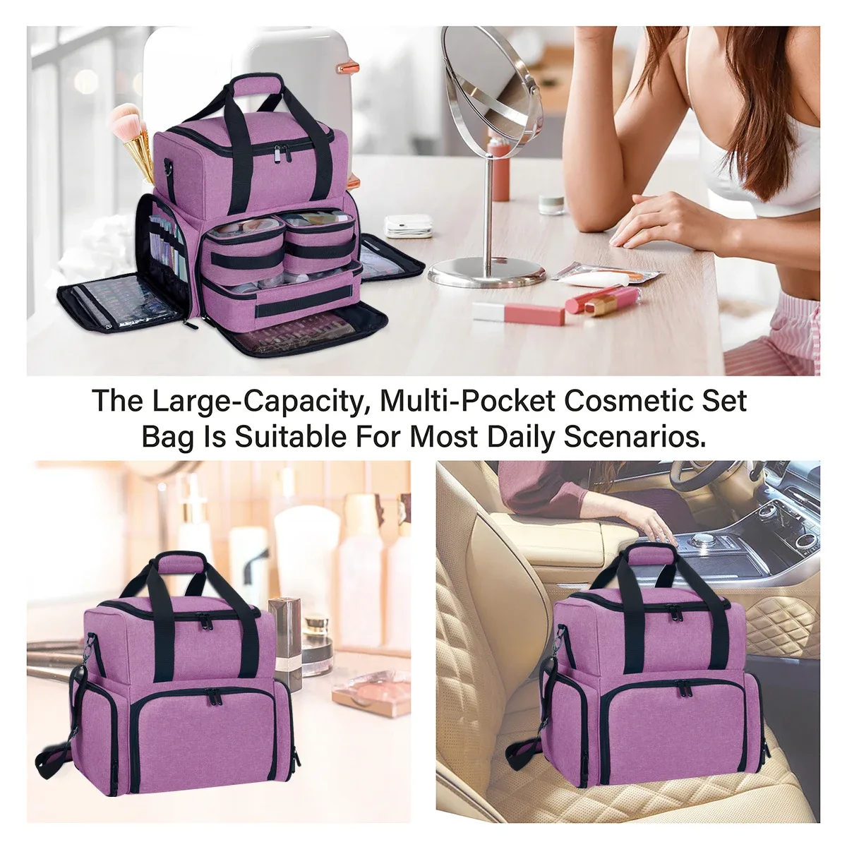 uozl trousse de maquillage double couche de grande capacité avec 3 pochettes amovibles et 2 compartiments amovibles avec bandoulière réglable