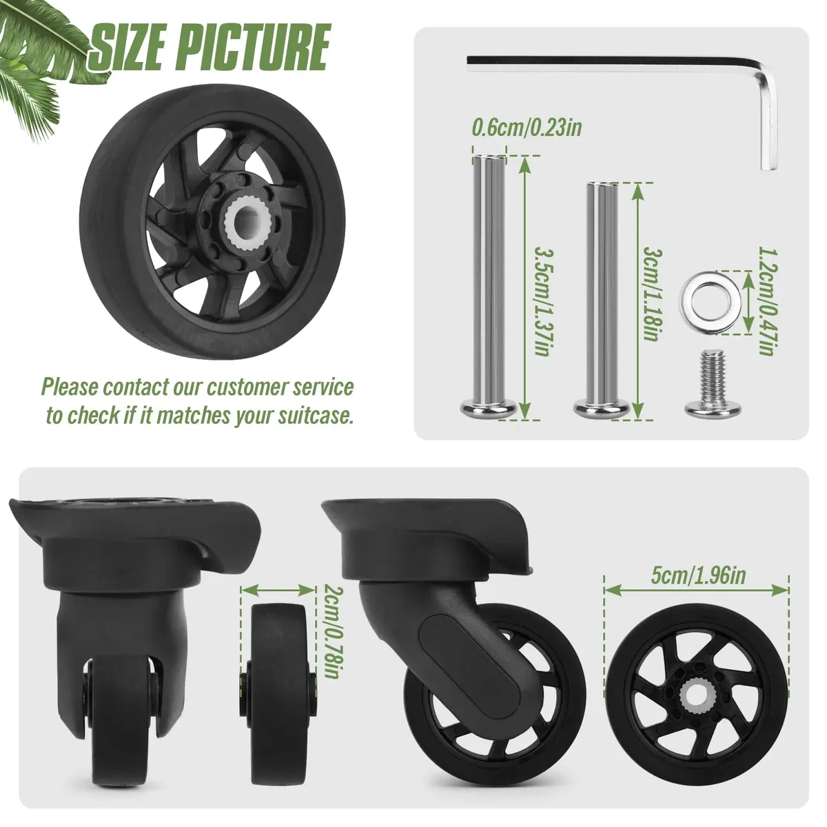 4 roues de remplacement noires pour bagages avec vis, pièces de réparation pour valise, roulettes silencieuses pour chariot de voyage, axe de 5 cm