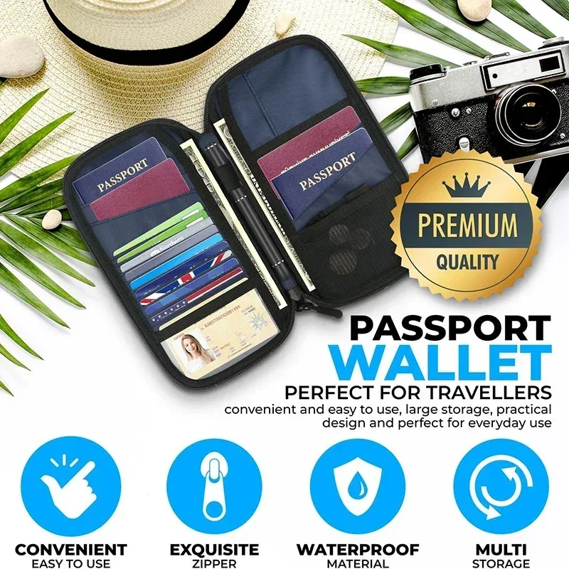 couverture de passeport de voyage familiale légère, portefeuille zippé, sac de rangement de documents oxford avec dragonne détachable pour femmes et hommes