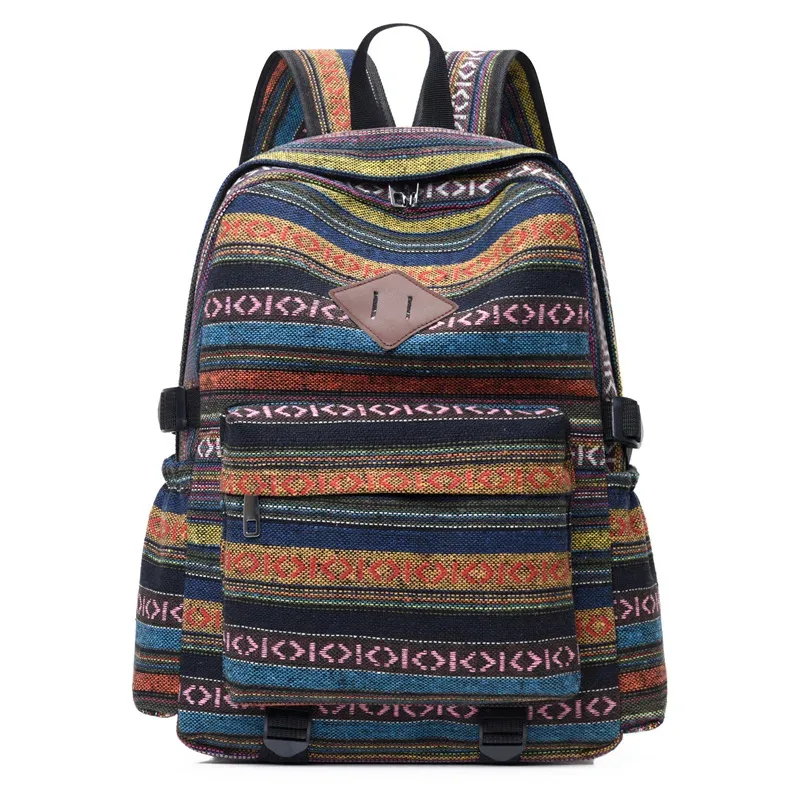 sac à dos de voyage décontracté en coton et lin, style ethnique, grande capacité, unisexe, pour loisirs en extérieur, résistant à l'usure, rayé