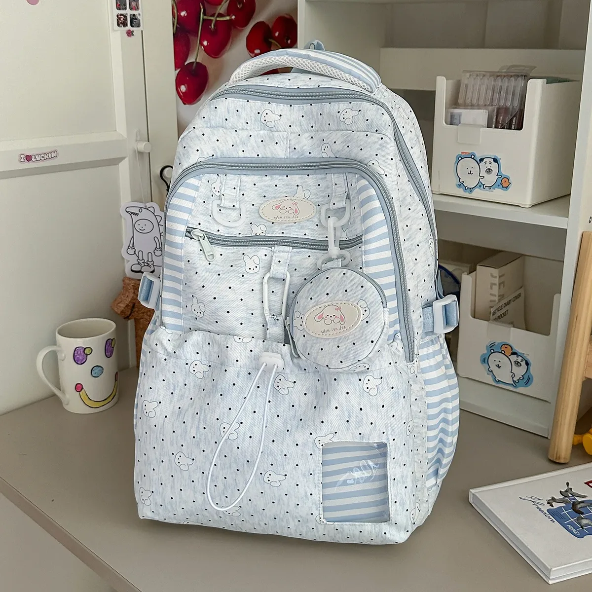 sac à dos rose à pois blancs pour adolescentes, léger et respirant, sac d'étudiant multi-poches, sac de transport imprimé dessin animé