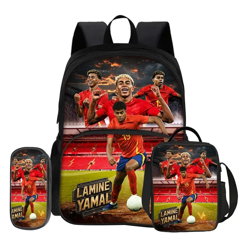 ensemble de 3 pièces avec sac à dos à poche avant football star, sac à déjeuner isotherme, trousse à crayons, sac à dos l-lamin yamal