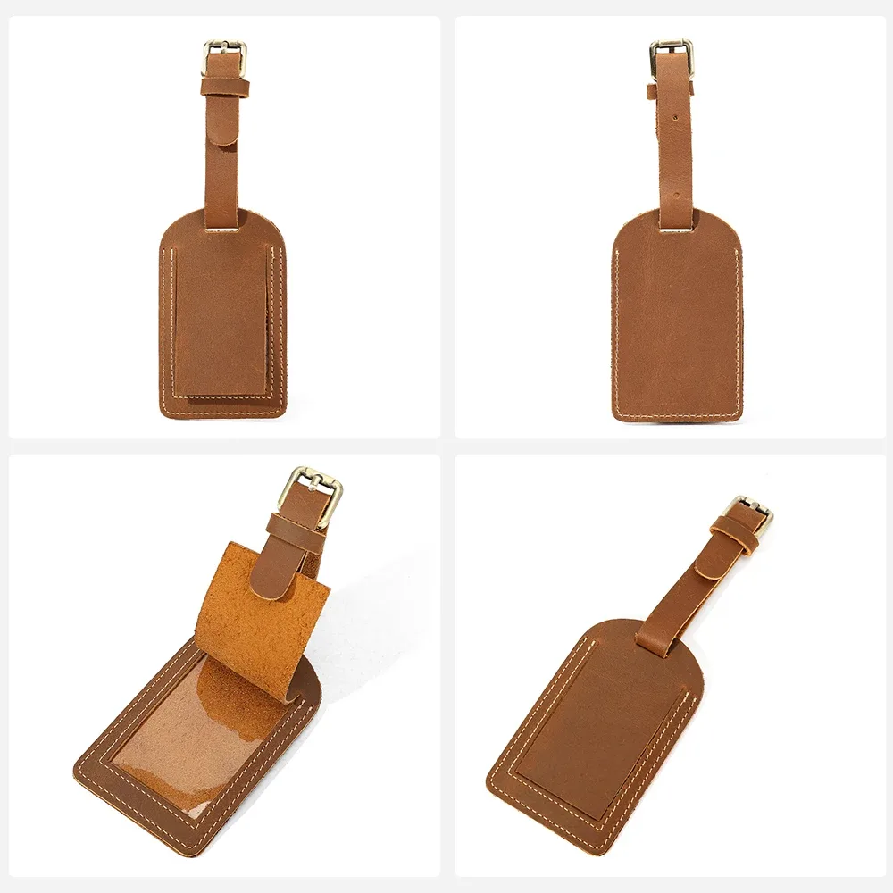 étiquette de bagage vintage en cuir véritable crazy horse avec cache de confidentialité, étiquette d'identification et d'adresse, sangle réglable, accessoire de voyage pour valise et bagages