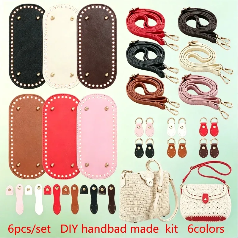 Lot de 6 pièces : Base de sac en cuir PU ovale avec sangle de poignée tressée, incluant boucle de bandoulière remplaçable et coussinet de fond de sac en crochet, idéal pour sacs à bandoulière, sacs à main et projets DIY faits main.