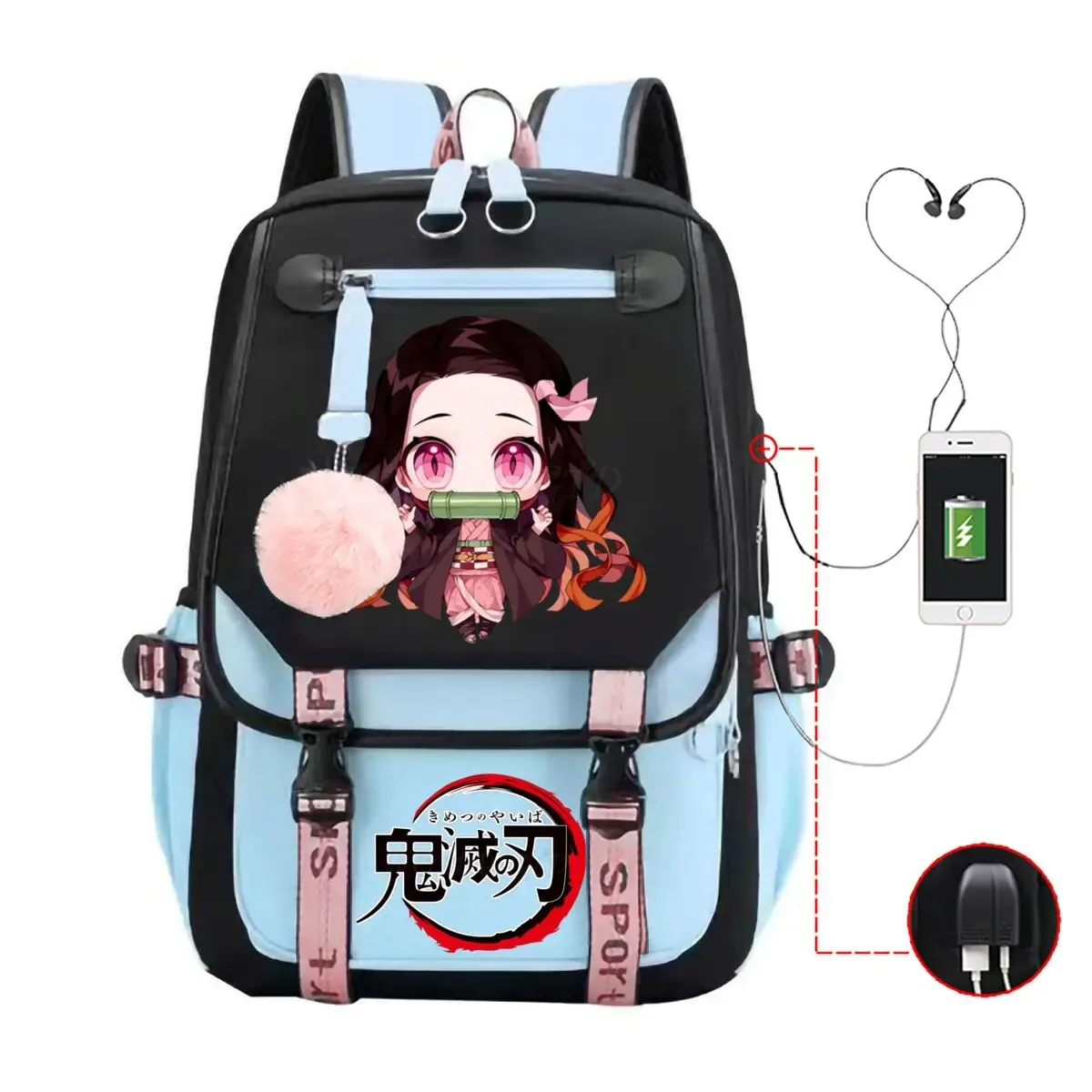 anime kamado nezuko imprimer sacs à dos femmes filles usb sacs de charge grande capacité enfants adolescent cartables voyage sacs à dos