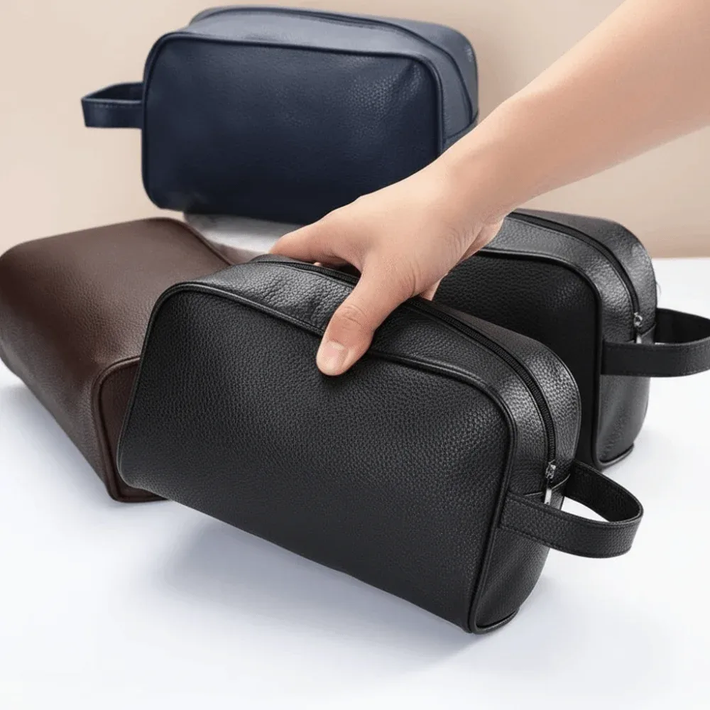 nouvelle trousse de toilette en cuir grande capacité avec fermeture éclair, sac de voyage portable, trousse de maquillage lavable en pu, rangement cosmétique
