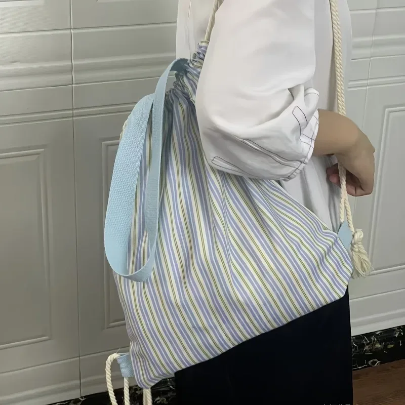 sac à dos en toile rayée grande capacité, style britannique, pour jeunes, avec cordon de serrage, idéal pour les trajets quotidiens