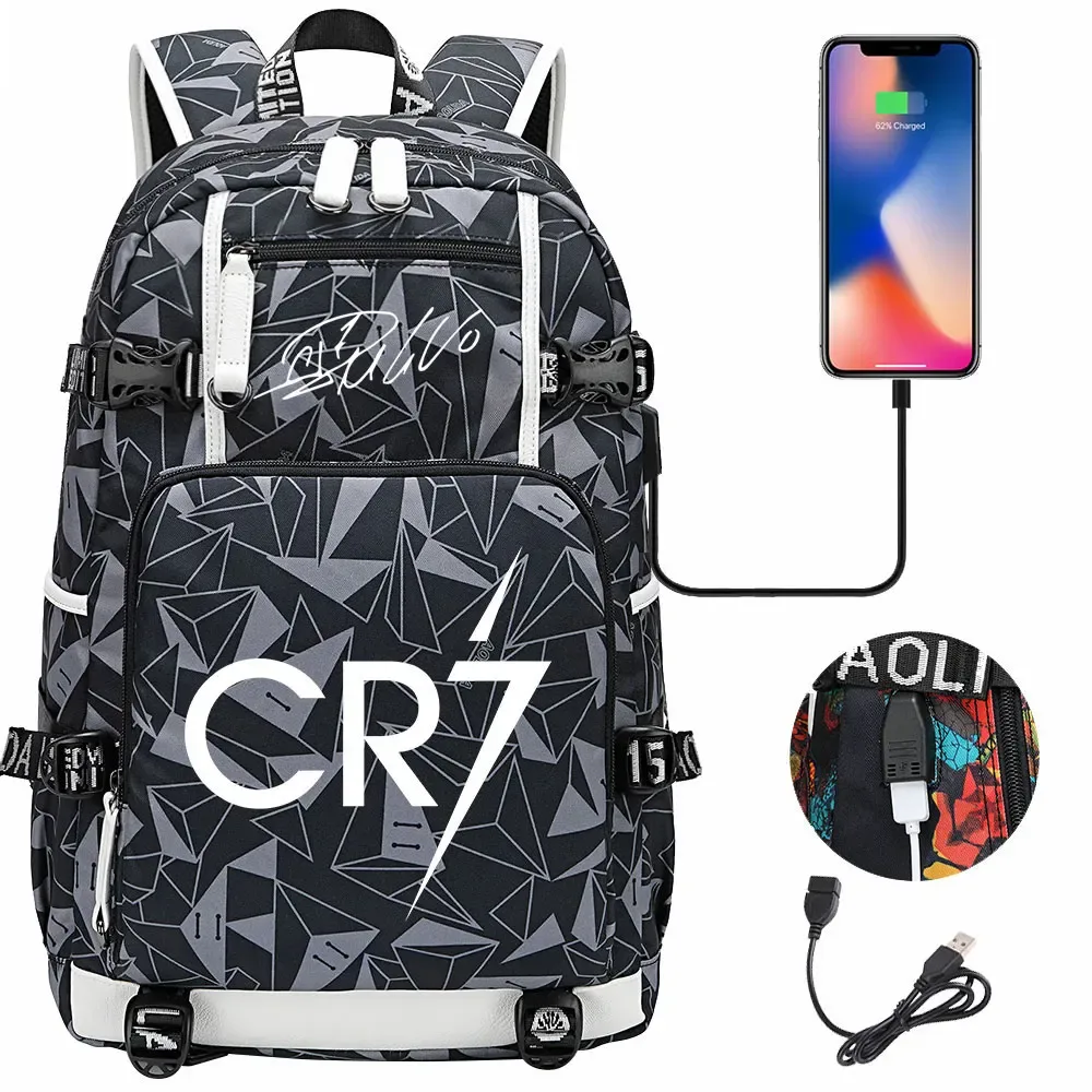 Football Star Cr7 USB grande capacité étudiant Mochila femmes hommes ordinateur portable voyage sac à dos garçons filles enfants retour à l'école livre sacs