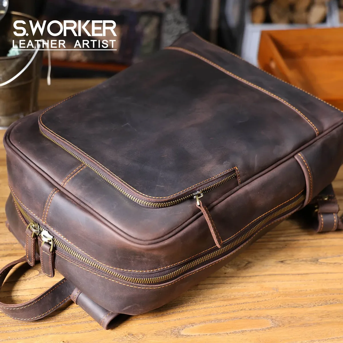 Sac à dos pour homme en cuir véritable vintage S.WORKER, sac pour ordinateur portable, sac d'école décontracté en cuir Crazy-horse, sac de week-end pour l'extérieur