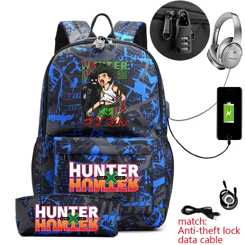 sac à dos hunter x hunter anime pour étudiants, sac à dos antivol décontracté avec trousse à crayons pour garçons et filles, sac d'école