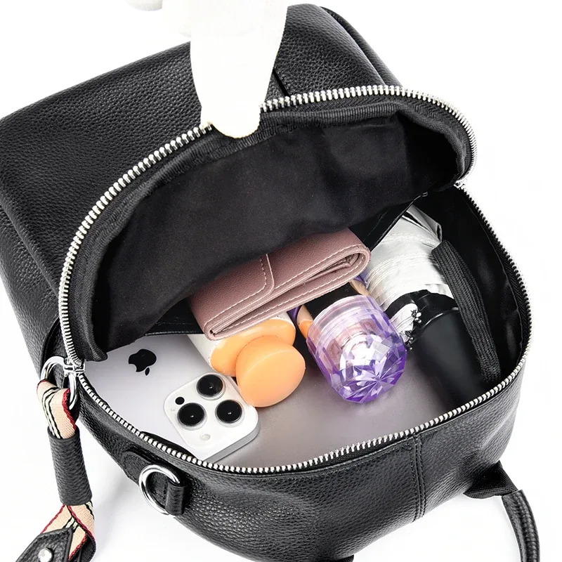 sac à dos tendance en cuir de vachette première couche, sac pour femme en cuir véritable noir style multi-portage, sac à dos décontracté multi-compartiments pour trajets quotidiens