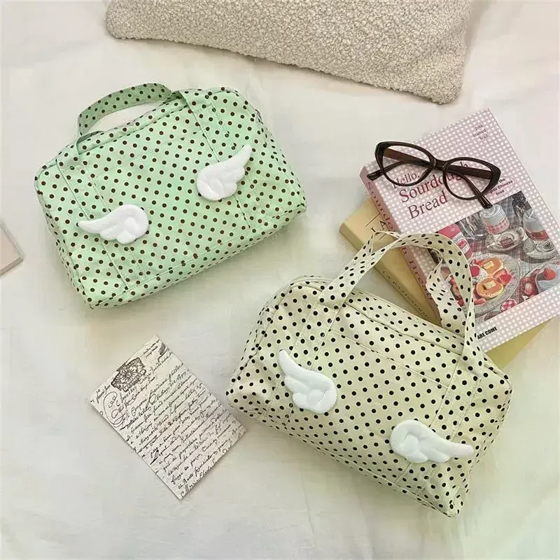 sac à main ailes à pois de grande capacité, sac à cosmétiques, trousse de toilette de voyage portable, sac de rangement d'organisation, cartable cadeau pour fille