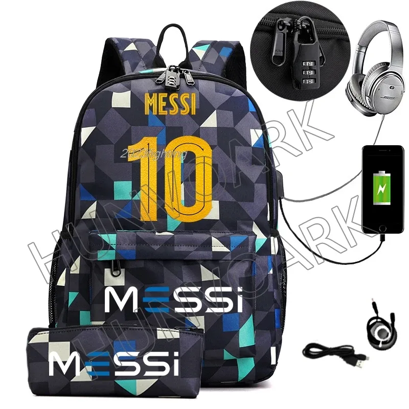 2 pièces messi sac à dos an-ti lock usb femmes hommes capacité adolescents sacs d'école pour ordinateur portable décontracté lycéens mochilas