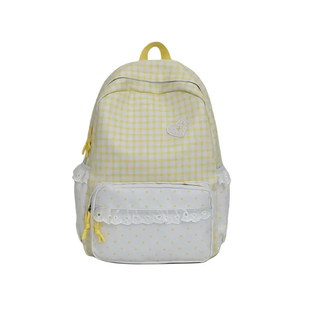 sac à dos coréen à carreaux gingham, design à volants, couleurs pastel, sac d'école en dentelle, bretelles réglables, sac à dos à pois et à carreaux pour le quotidien et les voyages