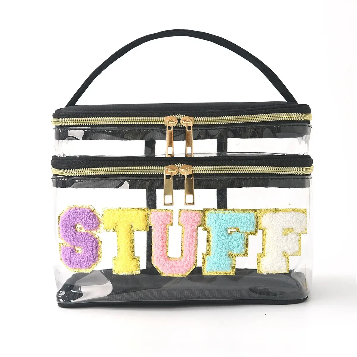 sac de rangement brodé amazon, sac à cosmétiques transparent en pvc à double lettre, sac de lavage de voyage, sac à cosmétiques de grande capacité