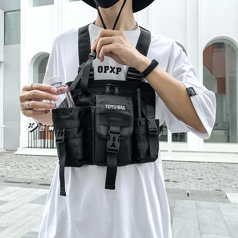 gilet cargo tactique combiné fonctionnel, sac de poitrine pour hommes et femmes, techwear de plein air, sac à dos tactique réglable, streetwear